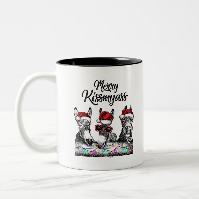 Caneca De Café Em Dois Tons Feliz Kissmyass Donkey Santa Hat (Esquerda)