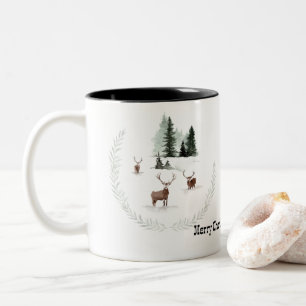 Caneca De Café Em Dois Tons Feliz Natal Do Canadá Deer Na Floresta