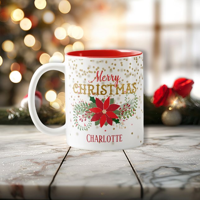 Caneca De Café Em Dois Tons Feliz Natal Dourado Poinsettia (Merry Christmas Gold Glitter Poinsettia Two-Tone Coffee Mug)