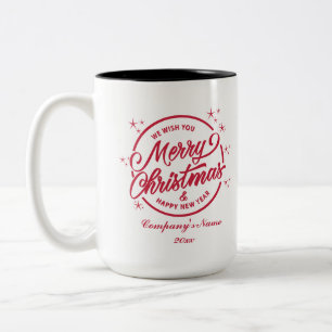 Caneca De Café Em Dois Tons Feliz Natal & Feliz Ano Novo, Tipografia Vermelha