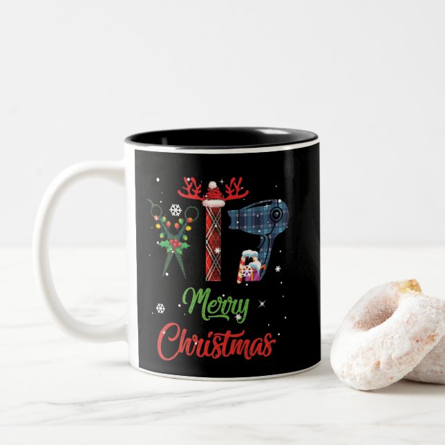 Caneca De Café Em Dois Tons Feliz Natal Hairstylist Engraçado Ferramenta Engra (Com Donut)