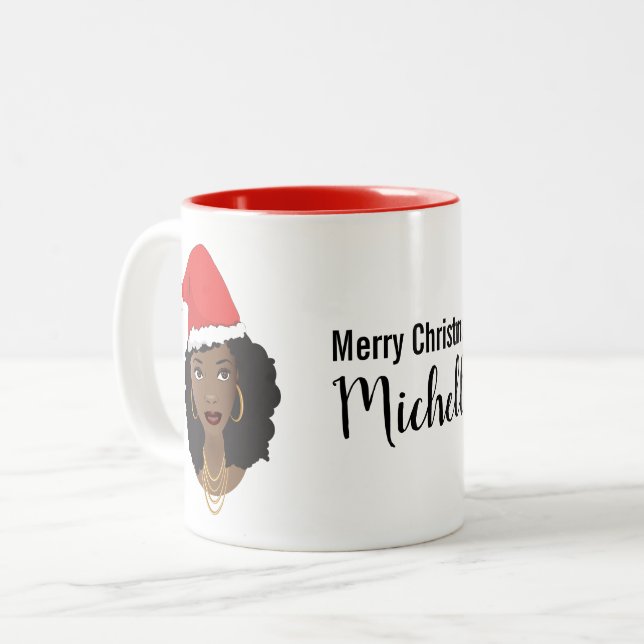 Caneca De Café Em Dois Tons Feliz Natal! Mulher Negra, Red Santa Hat, Nome (Frente Esquerda)