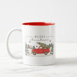 Caneca De Café Em Dois Tons Feliz Natal Retro Vintage Red Truck com Árvore
