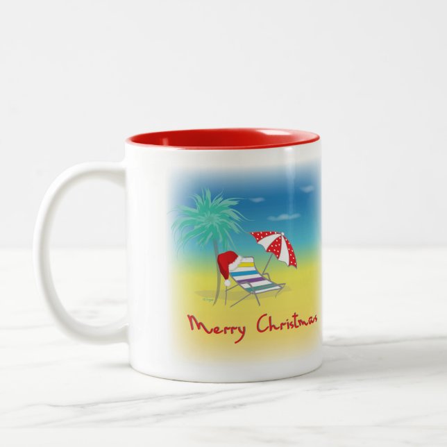 Caneca De Café Em Dois Tons Feliz Natal, Santa Hat, Palm Tree, Praia (Esquerda)