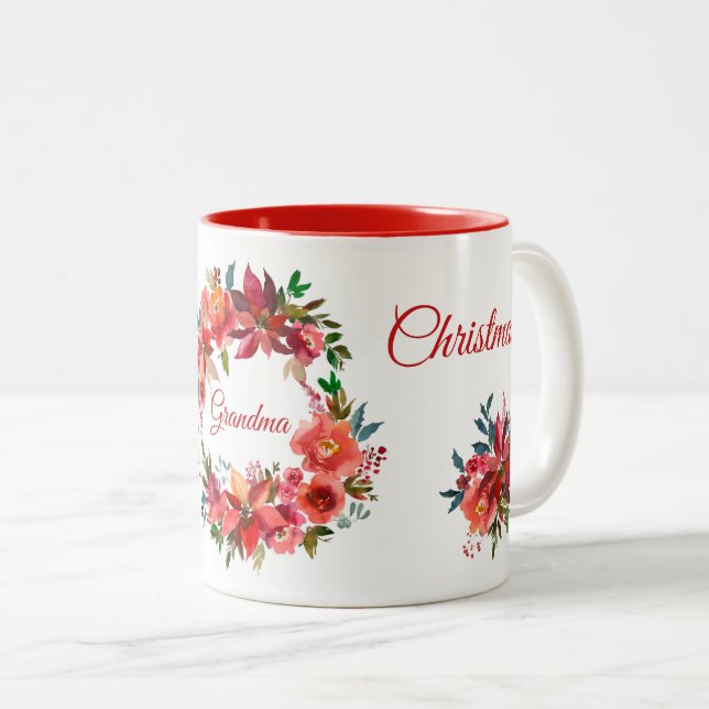 Caneca De Café Em Dois Tons Feliz Natal Vovó Floral Poinsettia Wreath (Frente Esquerda)