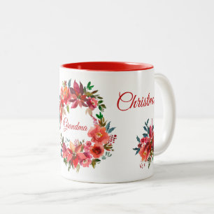 Caneca De Café Em Dois Tons Feliz Natal Vovó Floral Poinsettia Wreath T