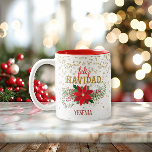 Caneca De Café Em Dois Tons Feliz Navidad Dourada Glitter Poinsettia