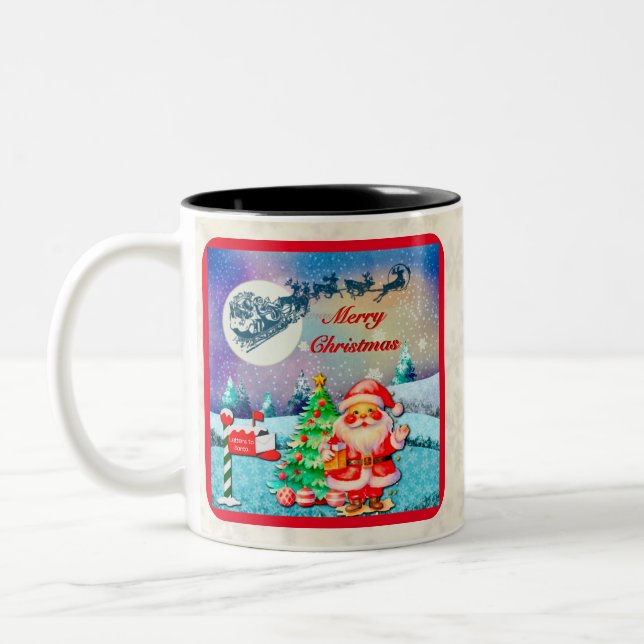 Caneca De Café Em Dois Tons Feliz Papai noel de Natal, Sleigh, Reindeer, Floco (Esquerda)