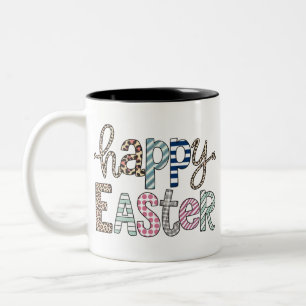 Caneca De Café Em Dois Tons Feliz Páscoa Coelhinho Floral Fofo Primavera Leopa