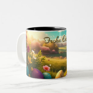 Caneca De Café Em Dois Tons Feliz Páscoa em uma paisagem de primavera
