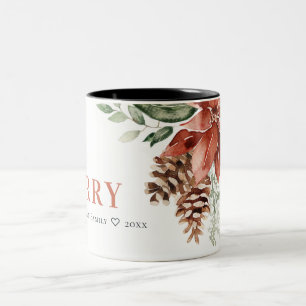 Caneca De Café Em Dois Tons Feliz Poinsettia Bunch Watercolor Pine Natal