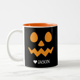 Caneca De Café Em Dois Tons Feliz rosto de abóbora assustador do Halloween