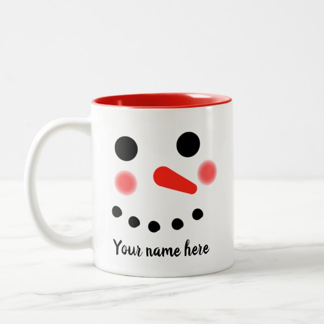 Caneca De Café Em Dois Tons Feliz Snowman Face Personalizado Name (Esquerda)
