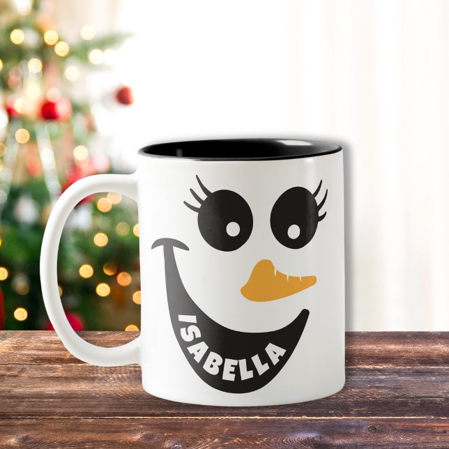 Caneca De Café Em Dois Tons Feliz Snowman Face Personalizado Nome Dom Feriado (Custom Christmas snowman face hot chocolate mug)