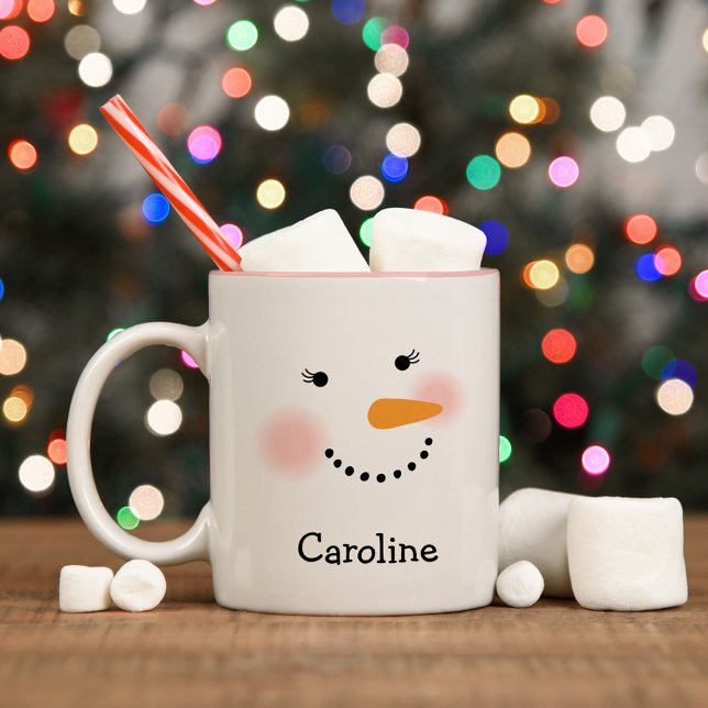 Caneca De Café Em Dois Tons Feliz Snowman Face Personalizado Nome Feriado (Criador carregado)