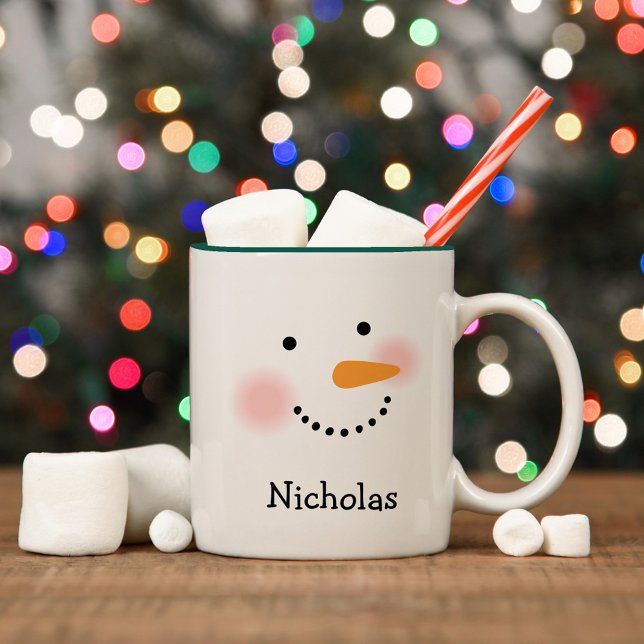 Caneca De Café Em Dois Tons Feliz Snowman Face Personalizado Nome Feriado (Criador carregado)
