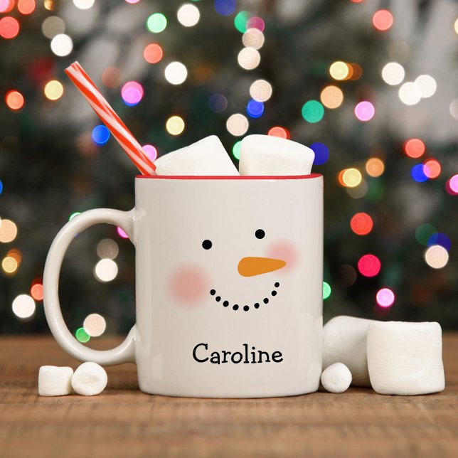 Caneca De Café Em Dois Tons Feliz Snowman Face Personalizado Nome Feriado (Criador carregado)