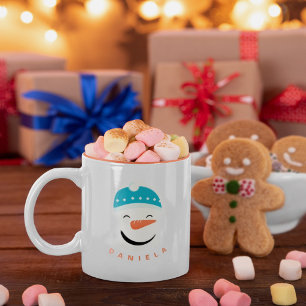 Caneca De Café Em Dois Tons Feliz Snowman Face Texto Personalizado