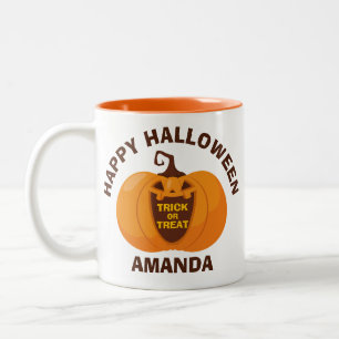 Caneca De Café Em Dois Tons Feliz Truque de Halloween ou Trate Cara de Abóbora