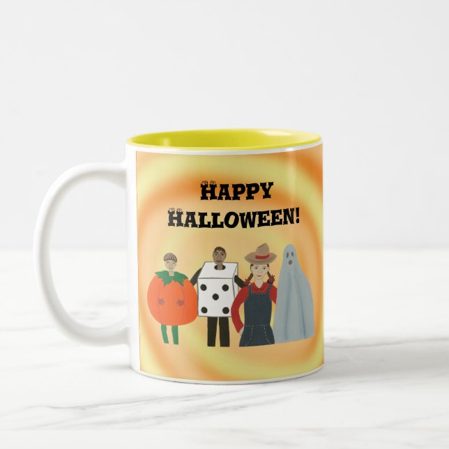 Caneca De Café Em Dois Tons Felizes Crianças de Halloween em Figurinos, caneca (Esquerda)