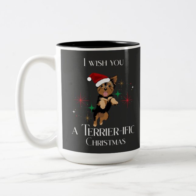Caneca De Café Em Dois Tons Feriado de Natal Cachorro Feliz e Terrier (Esquerda)