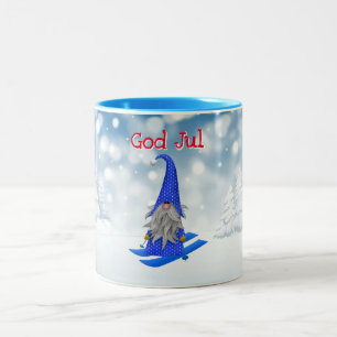 Caneca De Café Em Dois Tons Férias  Deus Jul Nisse esquiando em neve nas flore
