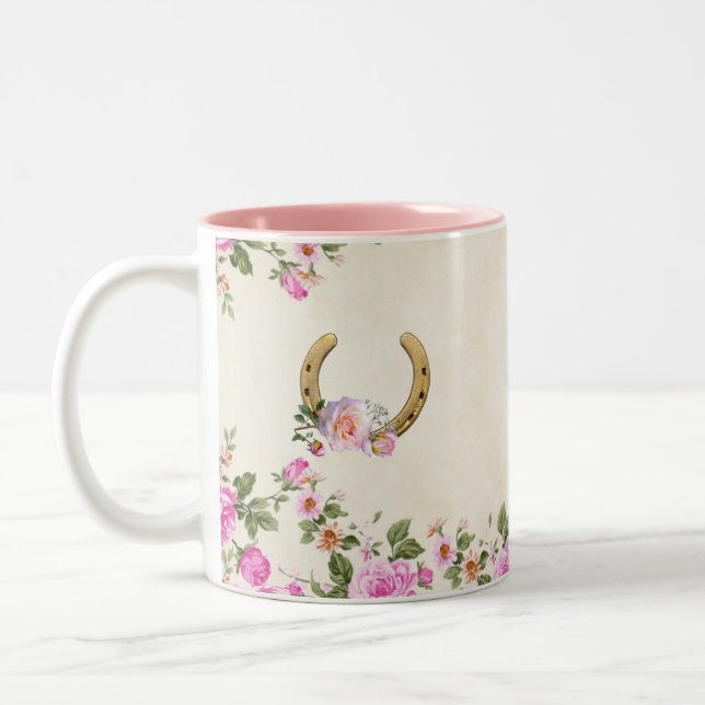 Caneca De Café Em Dois Tons Ferradura com flores em bege (Esquerda)