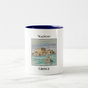Caneca De Café Em Dois Tons Ferry Boat em direção ao Forte Nafplio na Baía