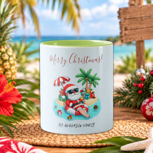 Caneca De Café Em Dois Tons Festa de Natal de Santa na Praia Tropical