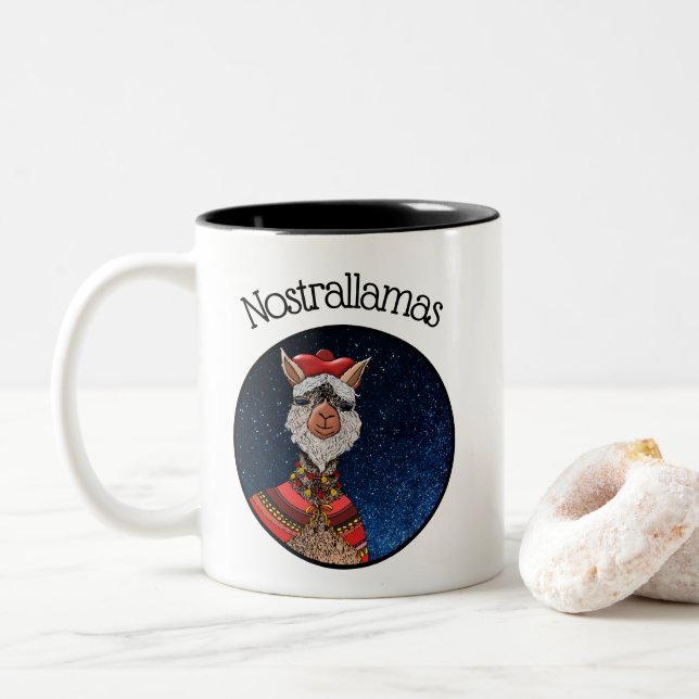 Caneca De Café Em Dois Tons Festa Engraçada de Nostradamus Llama Halloween (Com Donut)