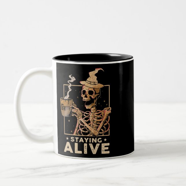 Caneca De Café Em Dois Tons Ficar Vivo, Engraçado, Bebendo De Esqueleto Feliz  (Esquerda)