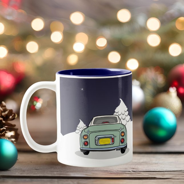 Caneca De Café Em Dois Tons Figarcas Feriado de Figuras - Carro de Fígaro Verd (Happy Figmas! Add your name to this festive figaro mug)