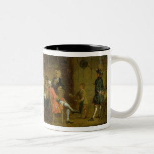 Caneca De Café Em Dois Tons Figuras em uma taberna ou em uma casa do café,