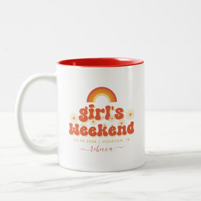 Caneca De Café Em Dois Tons Fim de Semana das Garotas Retro Nome Personalizado (Esquerda)