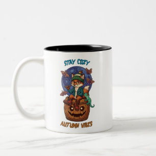 Caneca De Café Em Dois Tons Fique Aconchegante Vibrações de Outono Raposa Fofa
