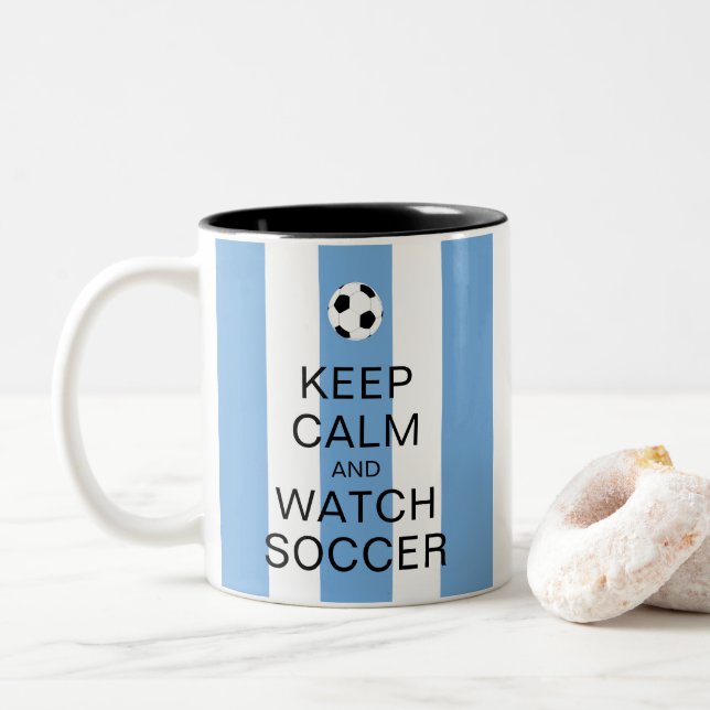 Caneca De Café Em Dois Tons Fique calmo e assista futebol Argentina Blue Strip (Com Donut)