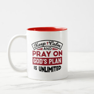 Caneca De Café Em Dois Tons Fique calmo e reze que o plano de Deus é uma citaç