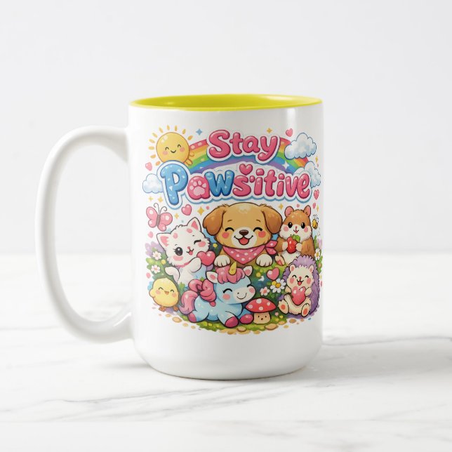 Caneca De Café Em Dois Tons Fique Positivo Animais Fofos Kawaii Arco-íris (Esquerda)