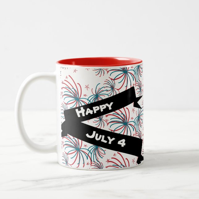 Caneca De Café Em Dois Tons Fireworks 4 de julho Stars Doodles Banner (Esquerda)
