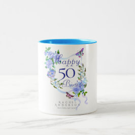 Caneca De Café Em Dois Tons Fita de Rosa Azul Aniversário 50º