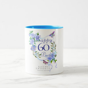 Caneca De Café Em Dois Tons Fita de Rosa Azul Aniversário 60 anos