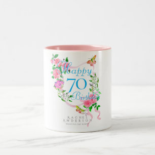 Caneca De Café Em Dois Tons Fita de Rosa Rosa Aniversário de 70 anos