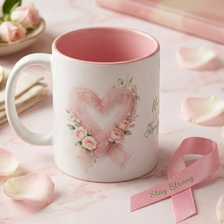 Caneca De Café Em Dois Tons Fita Rosa Consciente Coração Florais MH26