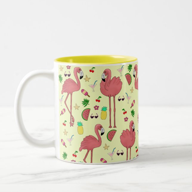 Caneca De Café Em Dois Tons Flamingos e Tema de Verão - Amarelo (Esquerda)