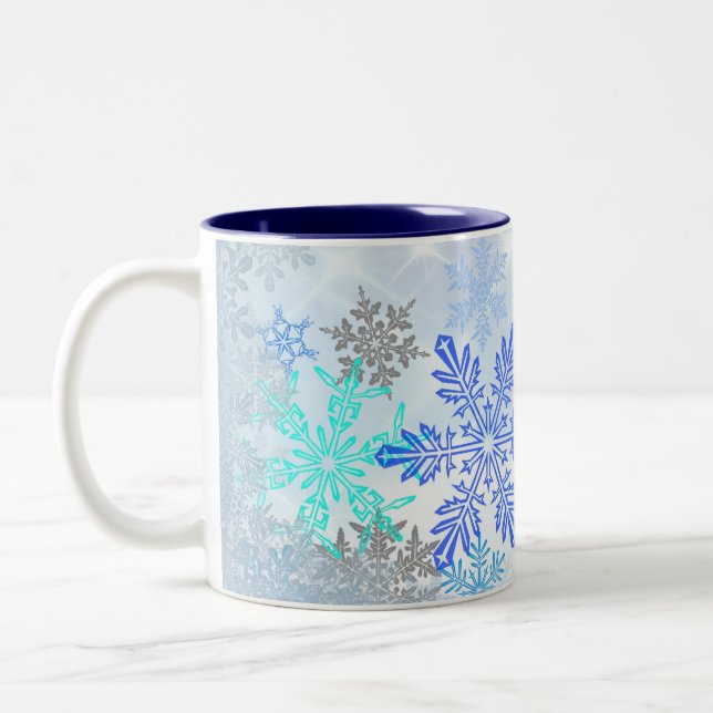 Caneca De Café Em Dois Tons Flocos de neve azuis Design de café (Esquerda)