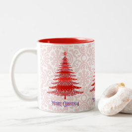 Caneca De Café Em Dois Tons Flocos de neve da árvore de Natal Vermelha Elegant