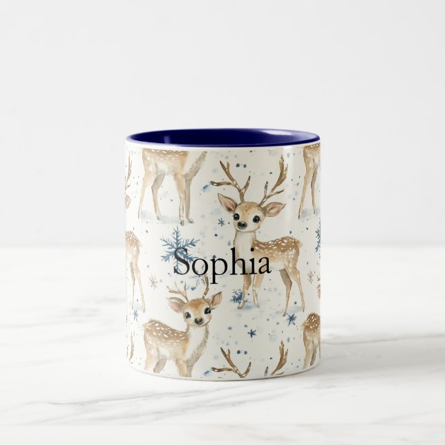 Caneca De Café Em Dois Tons Flocos de Neve de Natal Azul Cervo Doce (Centro)