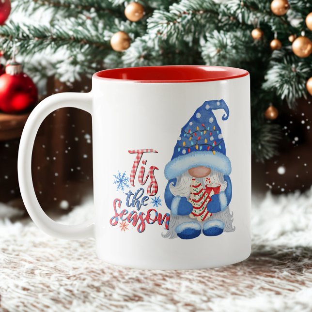 Caneca De Café Em Dois Tons Flocos de neve String Luzes Vermelhas Azul Gnomo N (Criador carregado)