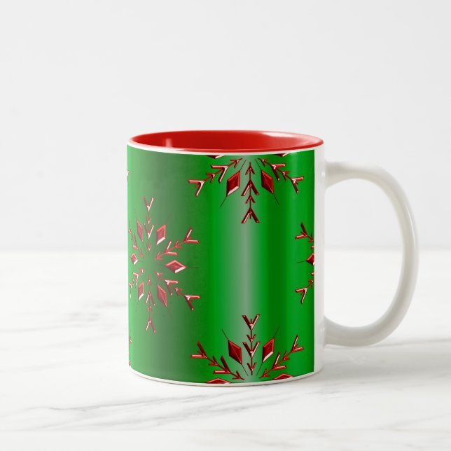 Caneca De Café Em Dois Tons Flocos de neve vermelhos no Natal verde (Direita)