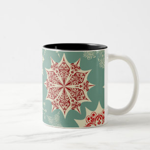 Caneca De Café Em Dois Tons Flocos de neve vermelhos sobre fundo verde